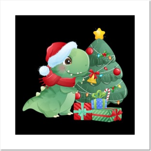 Cute Christmas T Rex Dinosaur With Christmas Tree And Gift Boxes Posters and Art